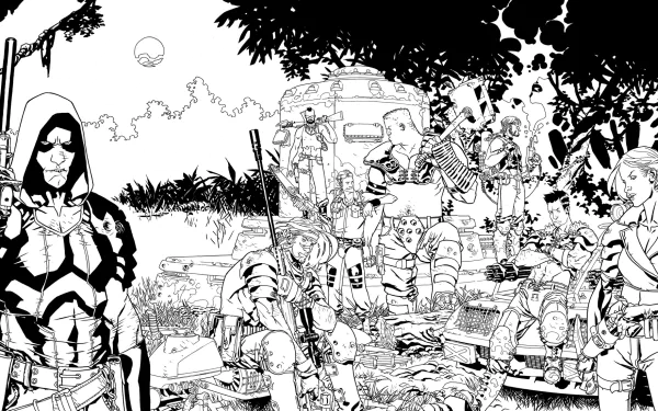Black and white HD PC desktop wallpaper featuring a detailed comic scene from Gi-Joe: Dreadnoks Declassified with characters gathered in a forest setting.