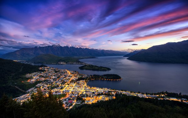 Man Made Queenstown (New Zealand) Cities New Zealand Light Lake Mountain Sunset Town Night HD Wallpaper | Background Image