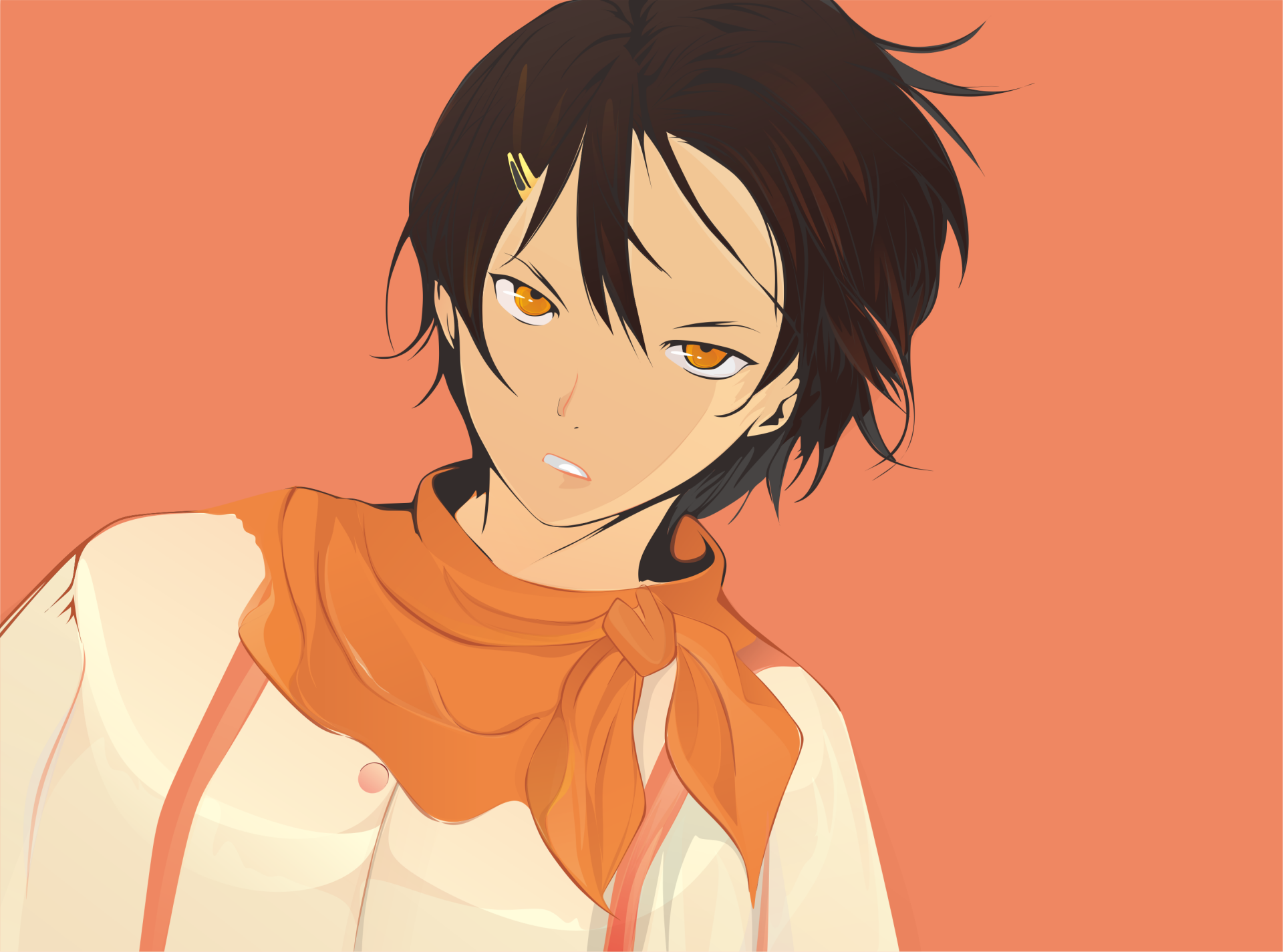 Anime portrait from Food Wars: Shokugeki no Soma — young character with tousled dark hair and orange scarf on a peach background; 2K Quad HD PC desktop wallpaper.
