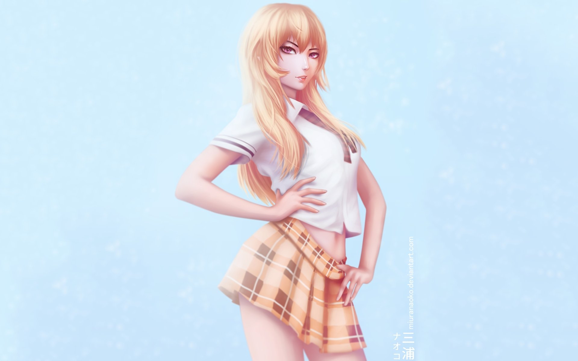 HD PC desktop wallpaper featuring Erina Nakiri from the anime Food Wars: Shokugeki no Soma, depicted in a confident pose against a soft blue background.