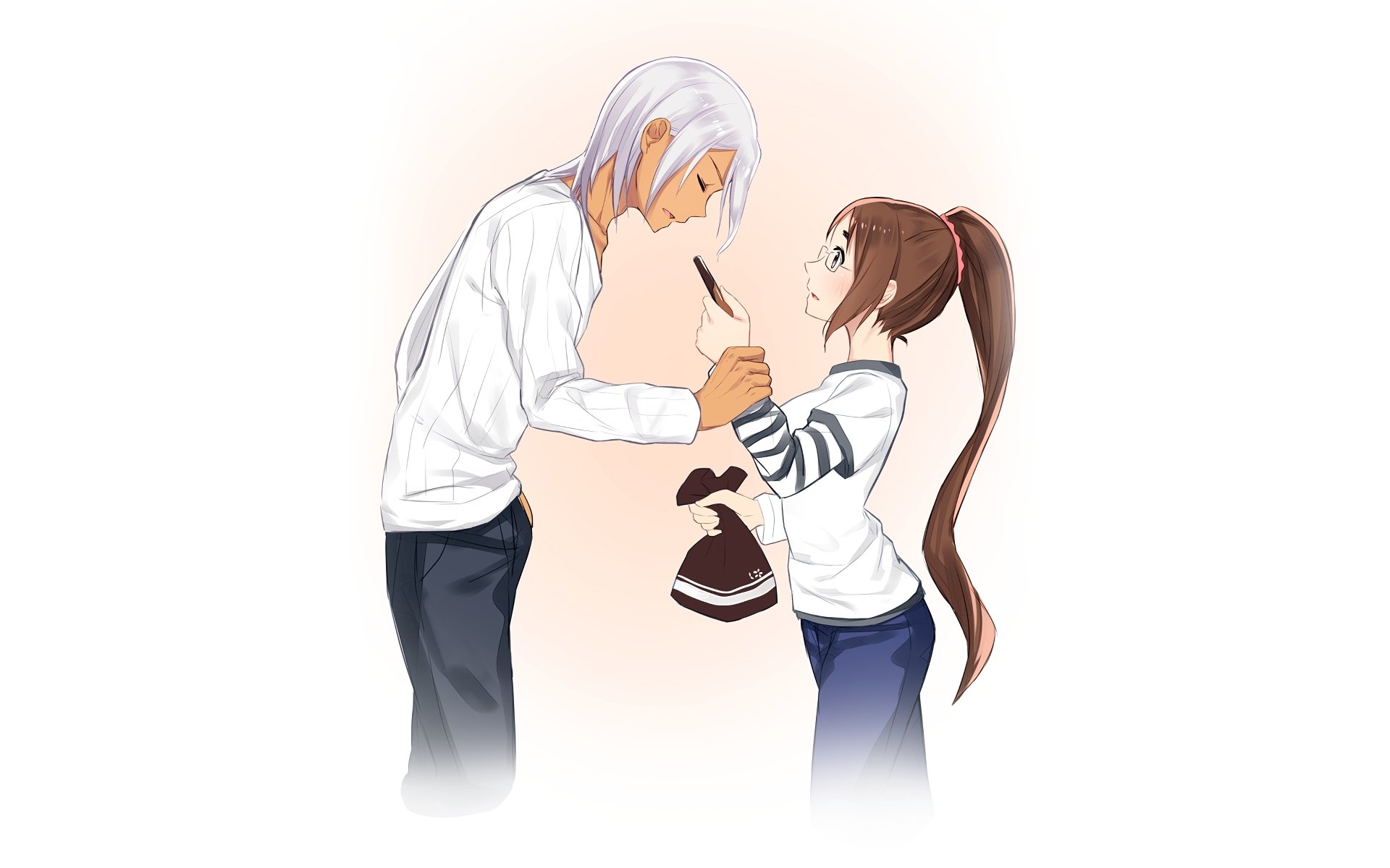 HD anime wallpaper featuring Jun Shiomi and Akira Hayama from Food Wars: Shokugeki no Soma sharing a drink, with soft pastel tones and clean character design.