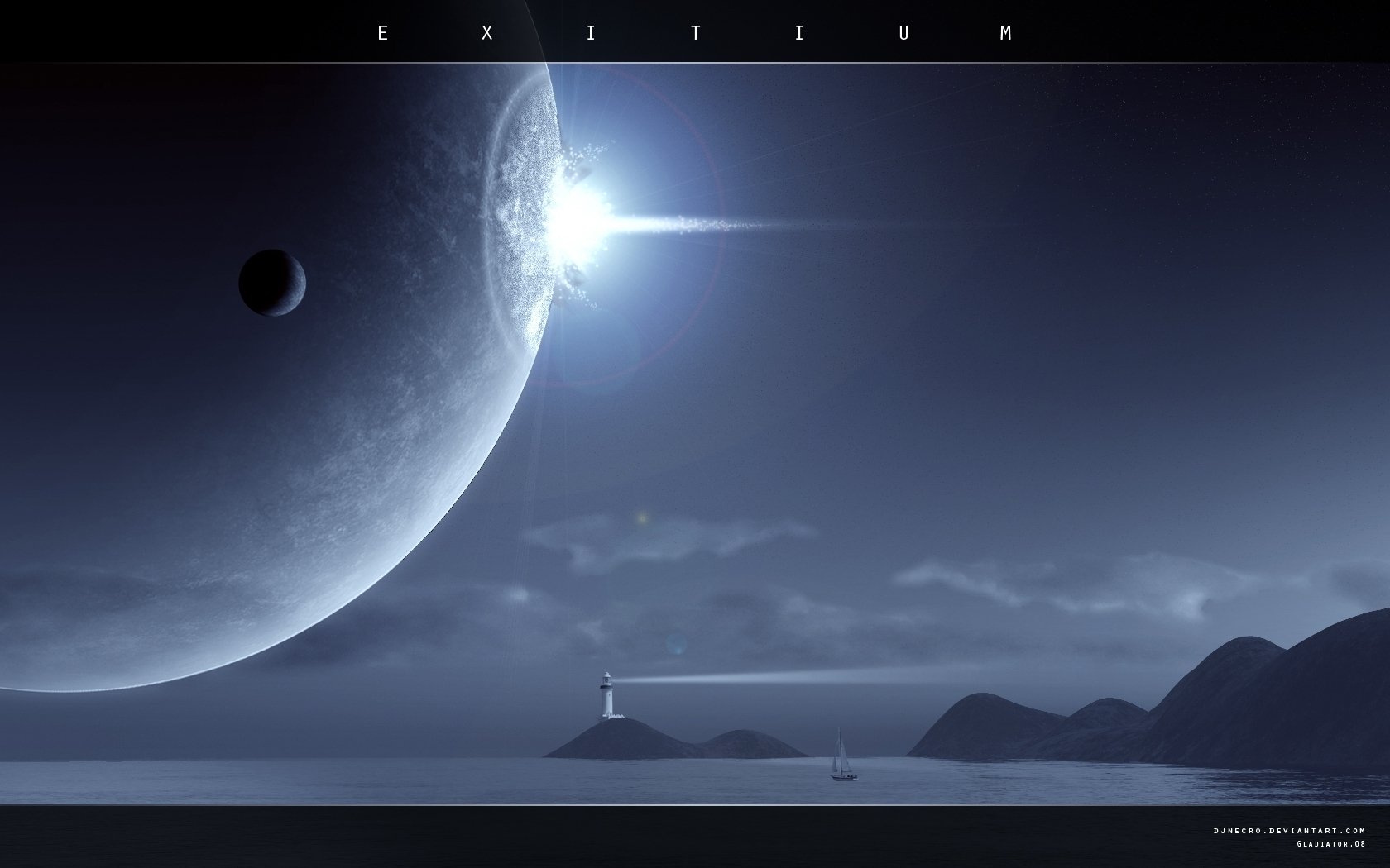 HD sci-fi desktop wallpaper depicting a dramatic planet rise over a dark horizon with a glowing star and distant moon, set against a serene, otherworldly landscape.