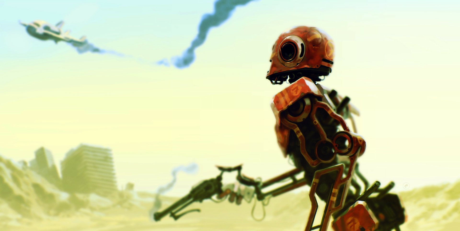 HD desktop wallpaper featuring an artistic depiction of a robot gazing into the distance with a serene landscape background.