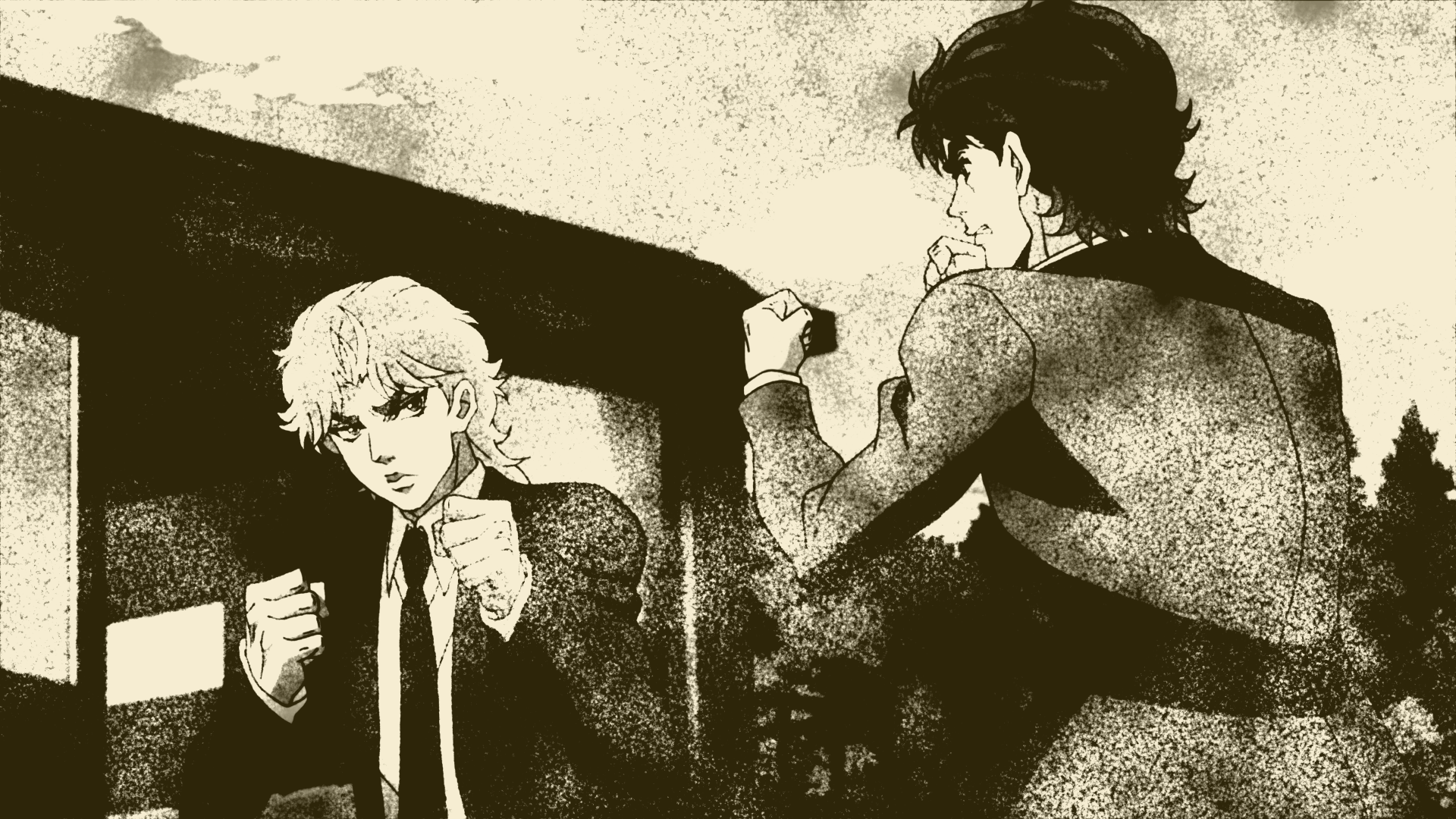HD PC desktop wallpaper featuring Jonathan Joestar and Dio Brando from the anime Jojo's Bizarre Adventure in a dramatic, vintage-style confrontation scene.