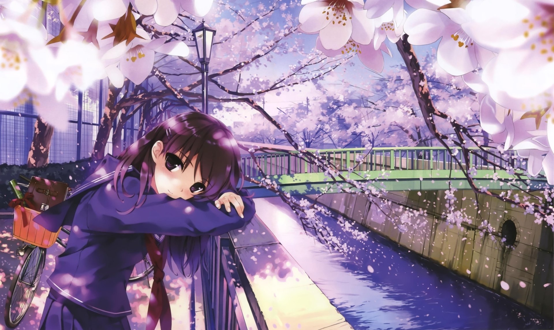 Anime-style girl standing on a bridge under blooming cherry blossoms, with a serene river flowing below. Vibrant and high-definition original artwork, suitable as a desktop wallpaper and background.