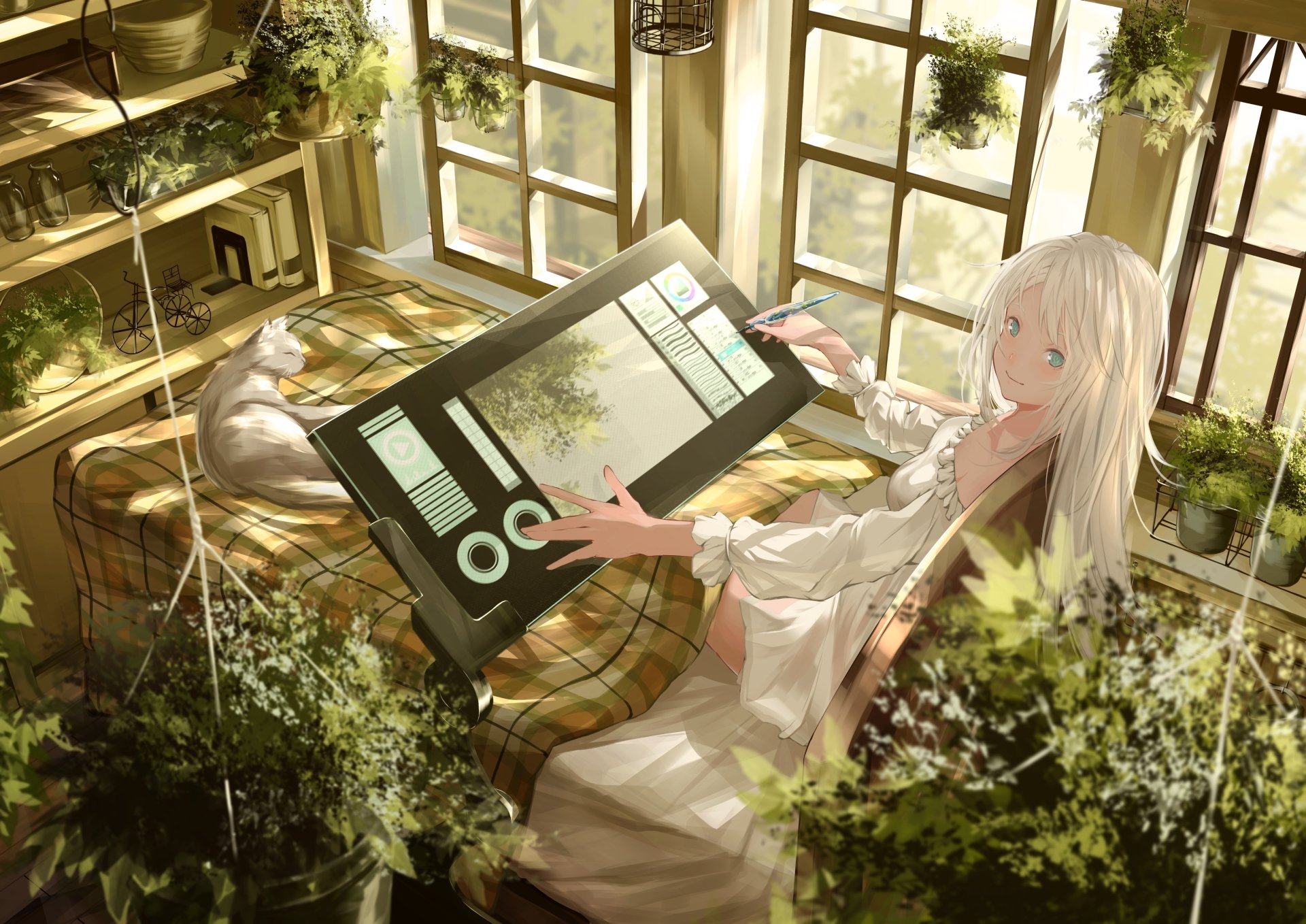 Anime artwork of a blonde girl drawing on a tablet in a cozy, sunlit room with a plaid-covered bed and a cat. The setting is filled with plants, making it a serene and creative environment.