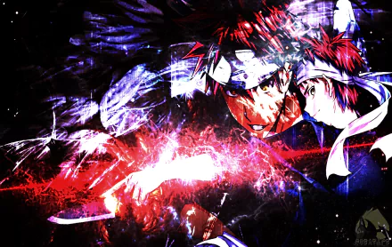 HD anime desktop wallpaper featuring Sōma Yukihira from Food Wars: Shokugeki no Soma, showcasing dynamic cooking action with vibrant red and blue energy effects.