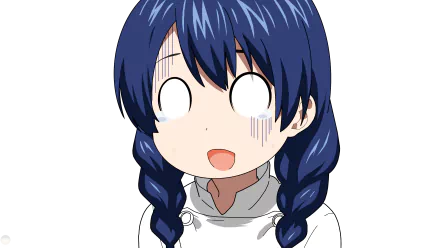 Megumi Tadokoro from Food Wars: Shokugeki no Soma — anime portrait with braided blue hair, shocked wide-eyed expression in a chef uniform; 4K Ultra HD PC desktop wallpaper/background.