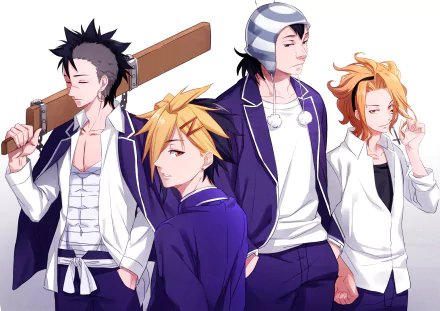 HD PC wallpaper of Food Wars: Shokugeki no Soma — Elite Ten Council: four anime members in school jackets posing, one carrying a wooden paddle.