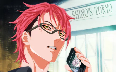 Kojirō Shinomiya from Food Wars: Shokugeki no Soma — red-haired, glasses, smirking while holding a smartphone in front of a Shino's Tokyo storefront; HD PC desktop wallpaper background.