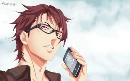 Kojirō Shinomiya (Food Wars: Shokugeki no Soma) anime HD PC desktop wallpaper: smirking bespectacled young man holding a smartphone against a cloudy sky.