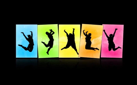 Colorful, artistic HD desktop wallpaper featuring five dynamic human silhouettes jumping against vibrant blue, green, yellow, orange, and pink rectangular backgrounds on black.