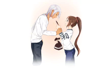 HD anime wallpaper featuring Jun Shiomi and Akira Hayama from Food Wars: Shokugeki no Soma sharing a drink, with soft pastel tones and clean character design.