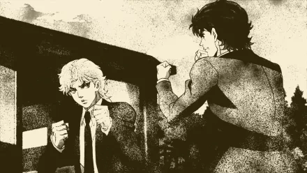 HD PC desktop wallpaper featuring Jonathan Joestar and Dio Brando from the anime Jojo's Bizarre Adventure in a dramatic, vintage-style confrontation scene.