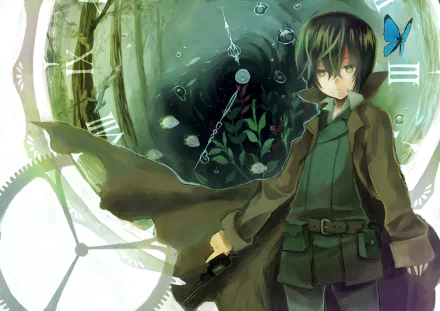 Kino (Kino's Journey) anime HD desktop wallpaper: short dark-haired traveler in a green coat holds a pistol before a clocklike, plant-filled watery portal and a blue butterfly.
