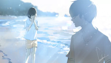 Anime-style HD original desktop wallpaper depicting two young characters by a shimmering water surface, bathed in soft, diffused sunlight.