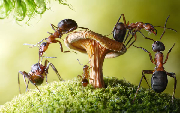 Close-up HD desktop wallpaper showing ants interacting on a mushroom surrounded by green moss, highlighting detailed macro textures of insects and natural elements.