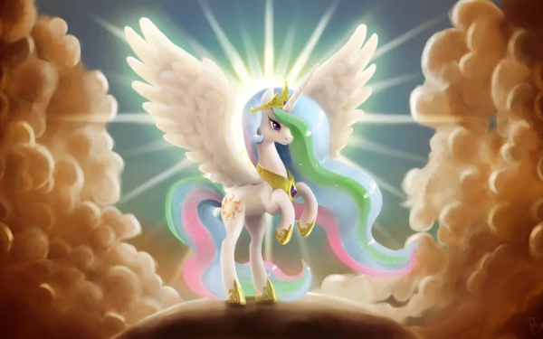 HD desktop wallpaper featuring Princess Celestia from My Little Pony: Friendship Is Magic, showcasing her as a majestic unicorn with wings, surrounded by glowing clouds.