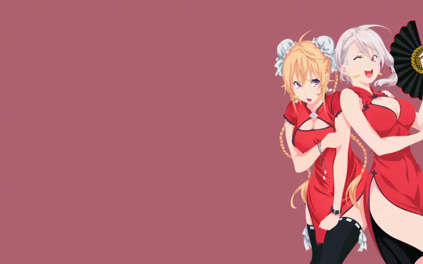 HD PC wallpaper featuring Alice Nakiri and Erina Nakiri from Food Wars: Shokugeki no Soma dressed in red Chinese dresses against a muted red background.