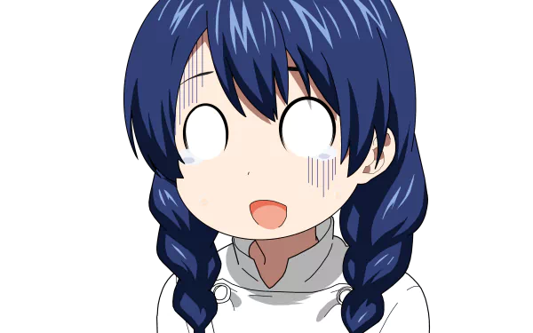 Megumi Tadokoro from Food Wars: Shokugeki no Soma — anime portrait with braided blue hair, shocked wide-eyed expression in a chef uniform; 4K Ultra HD PC desktop wallpaper/background.