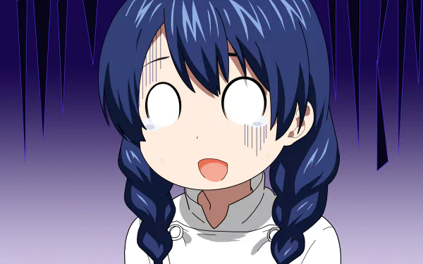 4K Ultra HD anime wallpaper of Megumi Tadokoro from Food Wars: Shokugeki no Soma with a shocked expression against a dark gradient background.