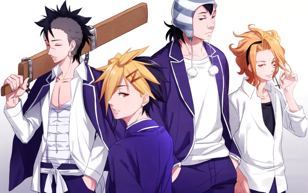 HD PC wallpaper of Food Wars: Shokugeki no Soma — Elite Ten Council: four anime members in school jackets posing, one carrying a wooden paddle.