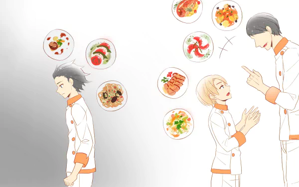 HD anime desktop wallpaper featuring Takumi Aldini and Isami Aldini from Food Wars: Shokugeki no Soma, with vibrant dishes floating between the characters.