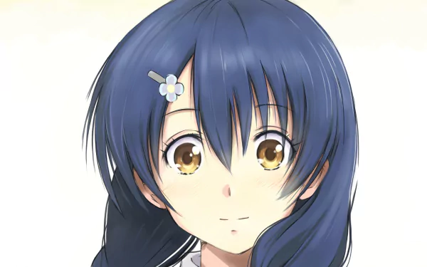 HD anime desktop wallpaper featuring Megumi Tadokoro from Food Wars: Shokugeki no Soma with soft expression and blue hair adorned with a small flower clip.