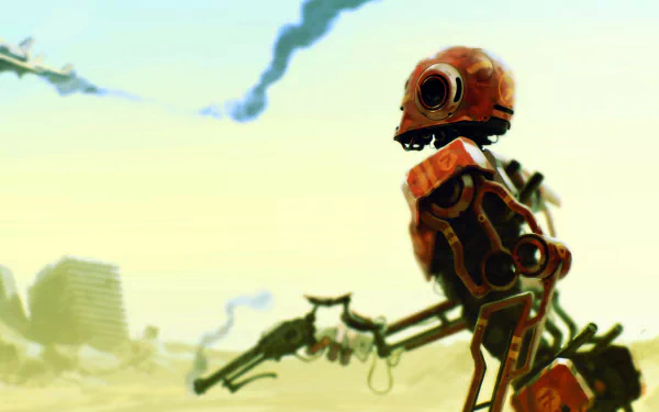 HD desktop wallpaper featuring an artistic depiction of a robot gazing into the distance with a serene landscape background.