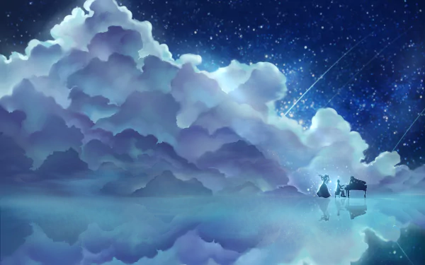 HD wallpaper featuring Kousei Arima and Kaori Miyazono from the anime Your Lie in April. The scene depicts the characters standing by a piano under a starry sky with dreamy cloud reflections.