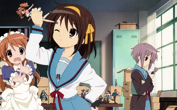 4K Ultra HD anime wallpaper featuring Mikuru Asahina, Yuki Nagato, and Haruhi Suzumiya from The Melancholy of Haruhi Suzumiya in a classroom setting.