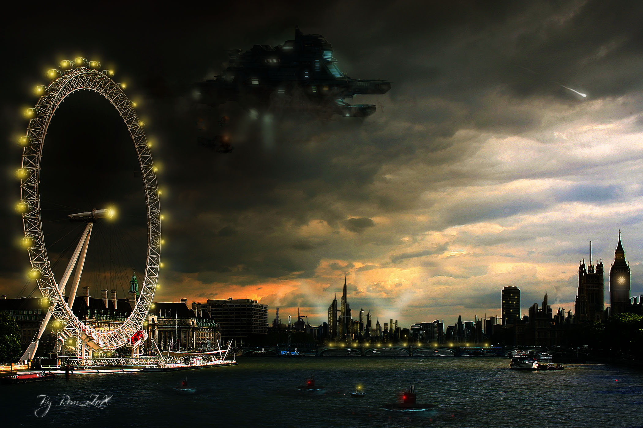 Ferris wheel and spaceship reflected in water