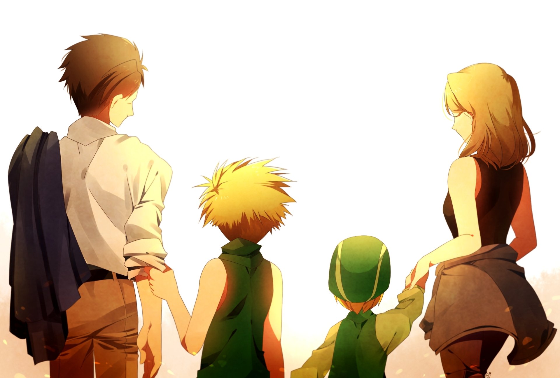 Anime-style Digimon HD desktop wallpaper featuring four characters holding hands, viewed from behind against a bright, glowing background.