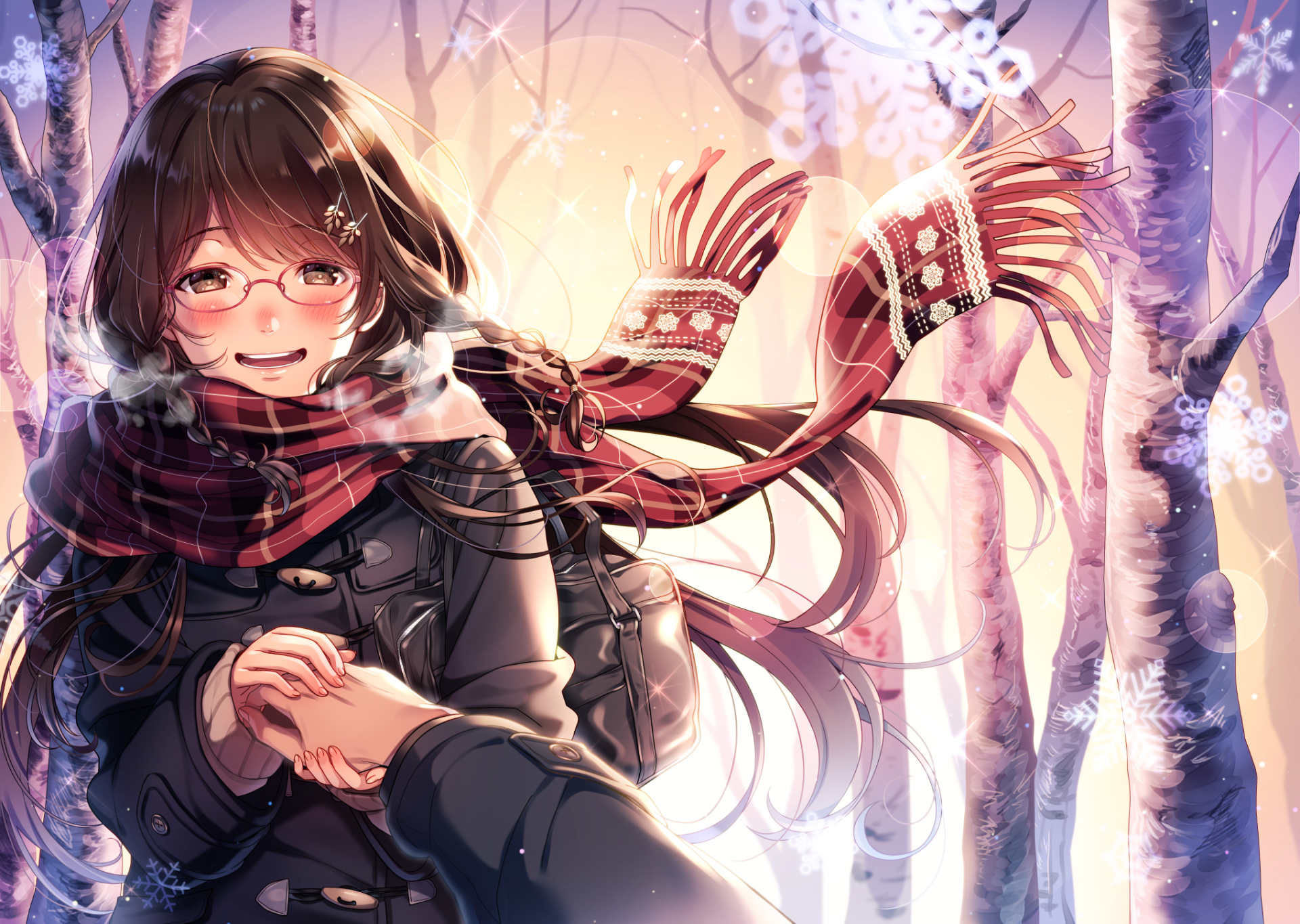 HD anime original desktop wallpaper featuring a warmly dressed girl with glasses and a scarf in a snowy forest, holding hands with someone in a cozy winter scene.