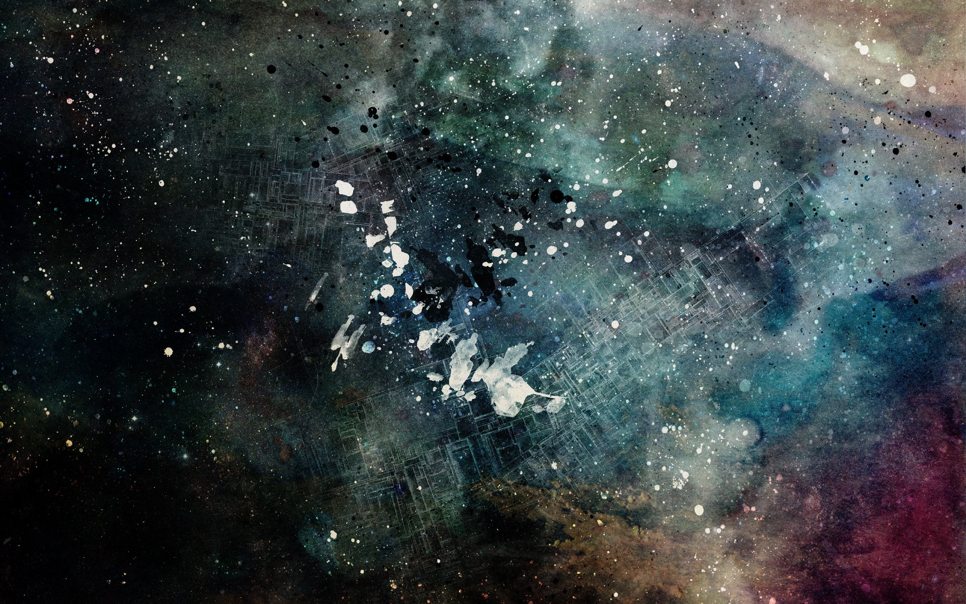 A stunning HD PC desktop wallpaper featuring a swirling, abstract cosmic scene filled with deep colors and splattered textures, creating an artistic and immersive background.