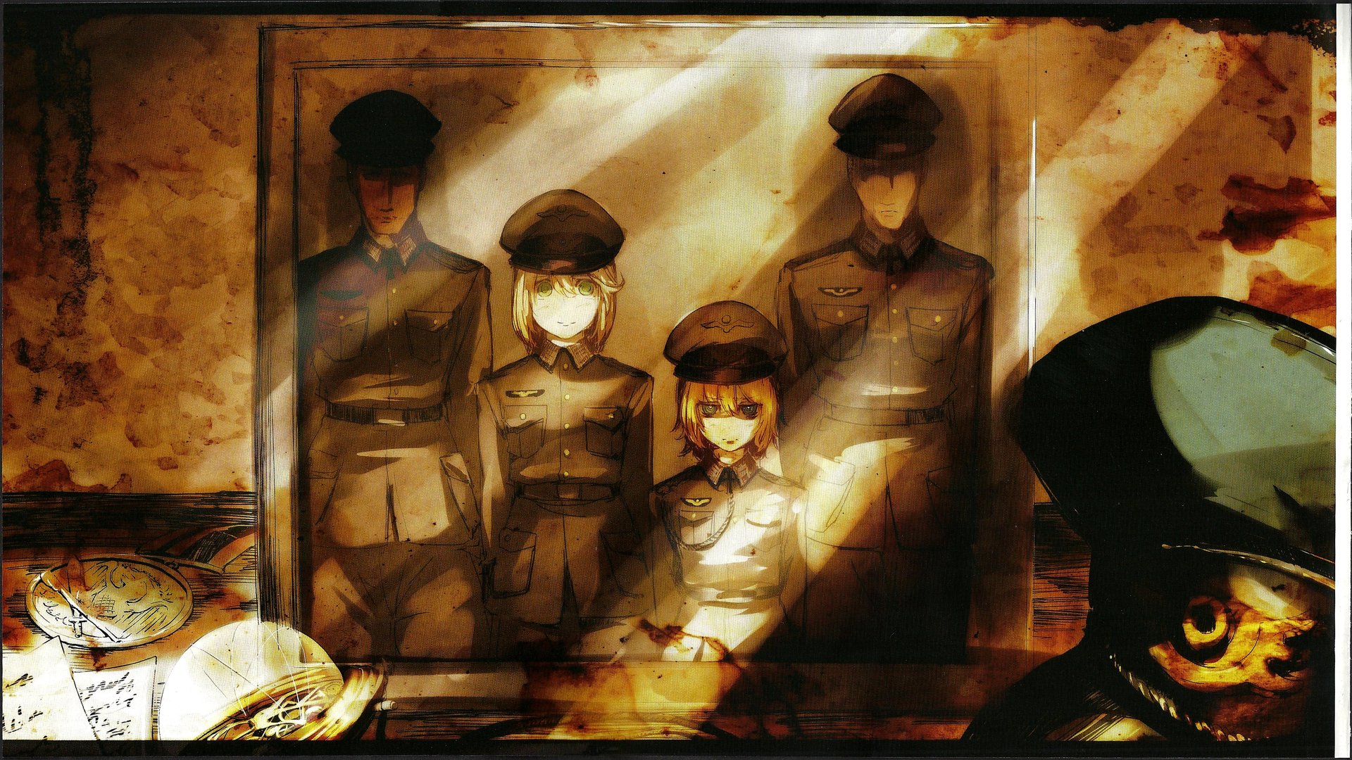 Anime-themed HD wallpaper featuring characters from The Saga of Tanya the Evil, depicting a somber scene with military figures in a vintage style.