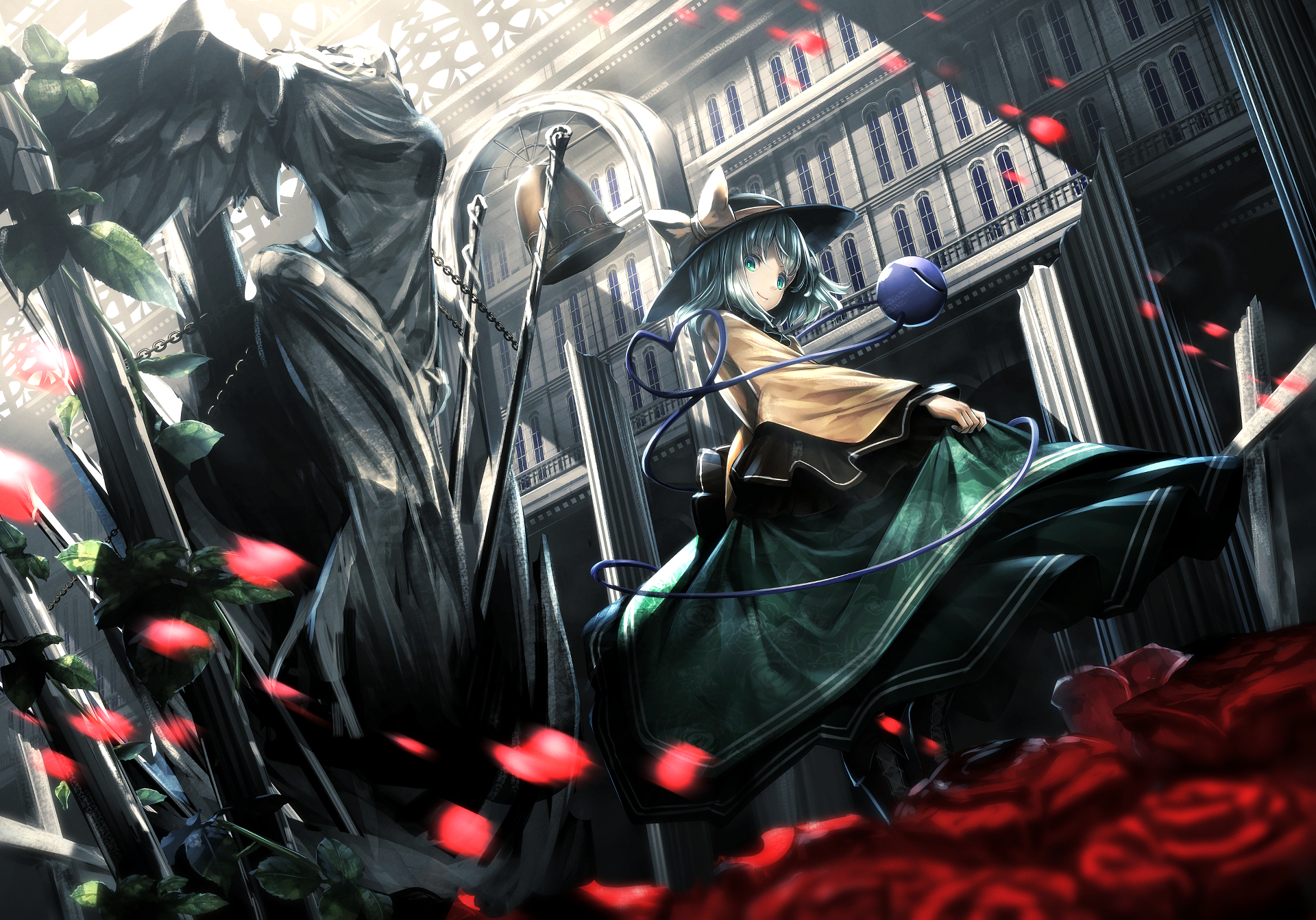 HD anime desktop wallpaper featuring Koishi Komeiji from Touhou, set in a dark, dramatic cityscape with swirling red petals and detailed shading.