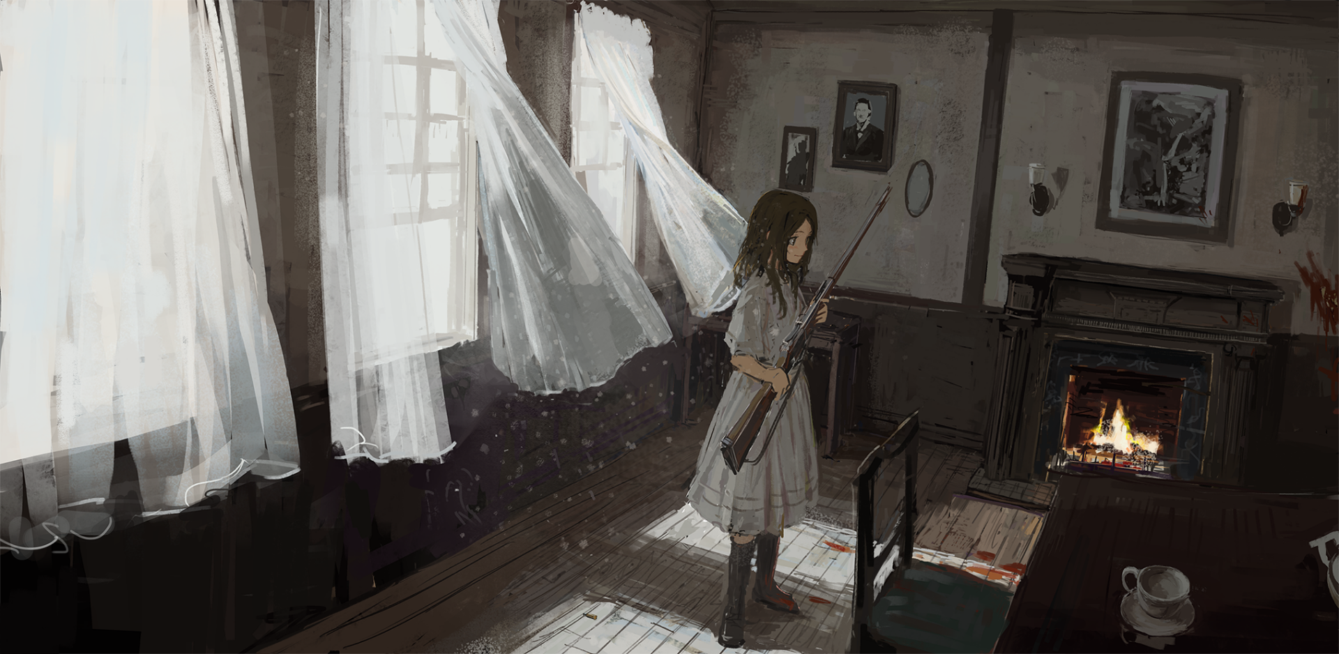 A young girl stands in a softly lit room, holding a fishing rod with flowing curtains. This captivating anime artwork serves as a stunning HD PC desktop wallpaper and background.