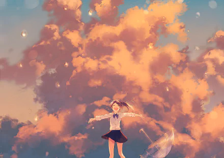 Anime-style HD desktop wallpaper featuring a girl joyfully reaching out under a vibrant, glowing sky filled with large, colorful clouds.