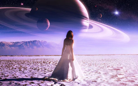 A figure in a white dress stands on an alien landscape, gazing at a giant ringed planet rising against a starry sci-fi sky. HD PC desktop wallpaper background.