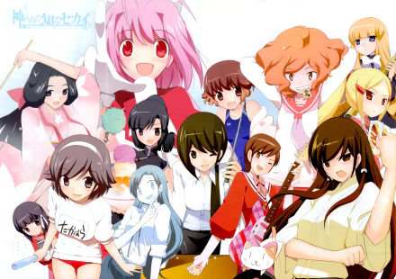Anime — The World God Only Knows. HD PC desktop wallpaper and background showing a colorful ensemble of female characters posing and smiling against a light backdrop.