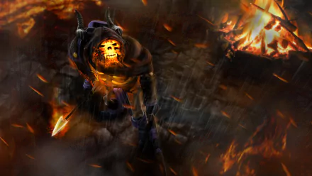 Dark HD PC wallpaper of Clinkz from Dota 2: a horned skeletal warrior wreathed in fire and shadow, standing on a scorched, rain-slick battleground.