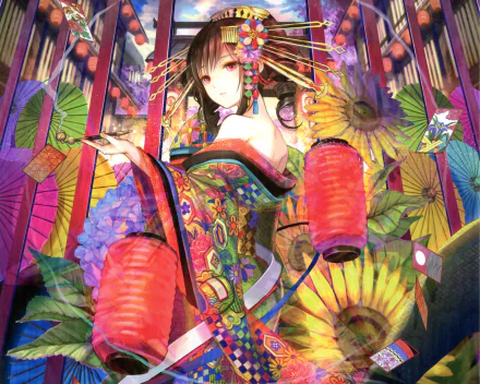 Vibrant 4K Ultra HD anime wallpaper featuring a detailed geisha in colorful traditional attire surrounded by lanterns and ornate parasols.