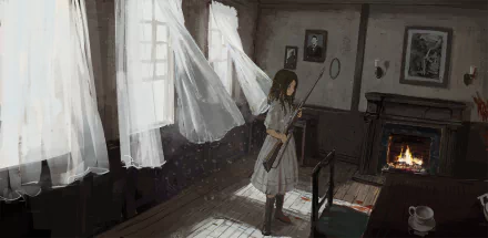 A young girl stands in a softly lit room, holding a fishing rod with flowing curtains. This captivating anime artwork serves as a stunning HD PC desktop wallpaper and background.