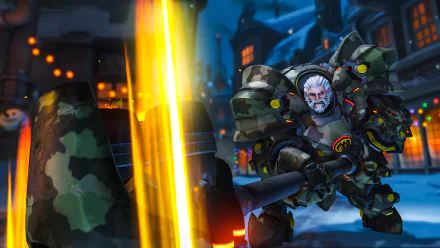 Reinhardt (Overwatch) in heavy armor charges through a snowy village, swinging his glowing hammer; video game HD PC desktop wallpaper and background.