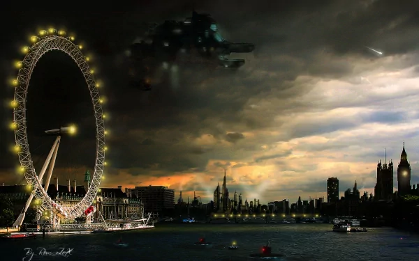 A futuristic cityscape features a glowing Ferris wheel alongside water, with a spaceship hovering above under dramatic skies, creating a captivating sci-fi atmosphere.