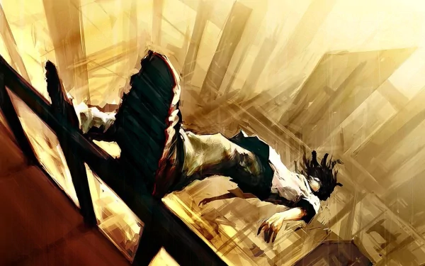 A high-definition desktop wallpaper featuring an artistic painting of a person falling. The dominant hue is yellow, giving a warm, dynamic feel to the image.