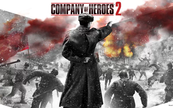 HD desktop wallpaper of 'Company of Heroes 2' featuring a commander pointing with soldiers and explosions in a battle scene.