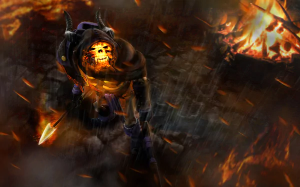 Dark HD PC wallpaper of Clinkz from Dota 2: a horned skeletal warrior wreathed in fire and shadow, standing on a scorched, rain-slick battleground.