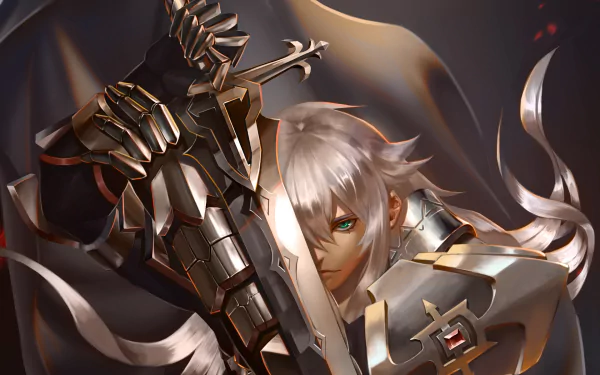 HD desktop wallpaper featuring a character from the anime Fate/Apocrypha, showcasing a striking figure with silver hair and armor, set against a dynamic, dark backdrop.